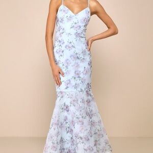 Lulus Pure Splendor Light Blue Floral Organza Trumpet Maxi Dress - Size M